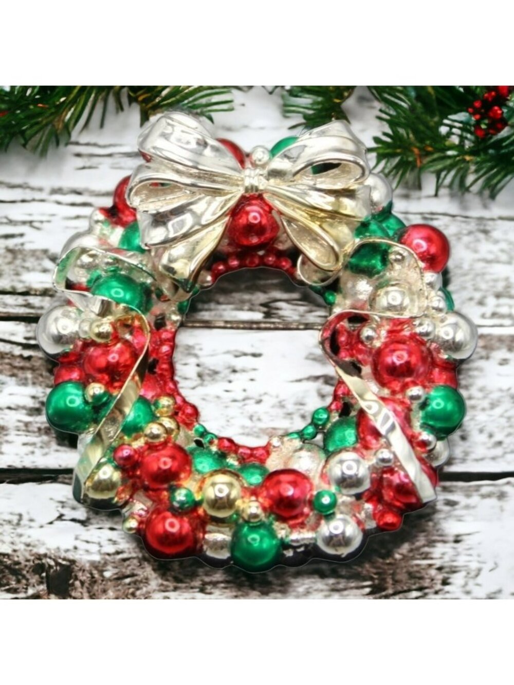 Vtg Signed BEAU Silver Tone Enamel Ball Ornament Ribbon Wreath Brooch Pendant